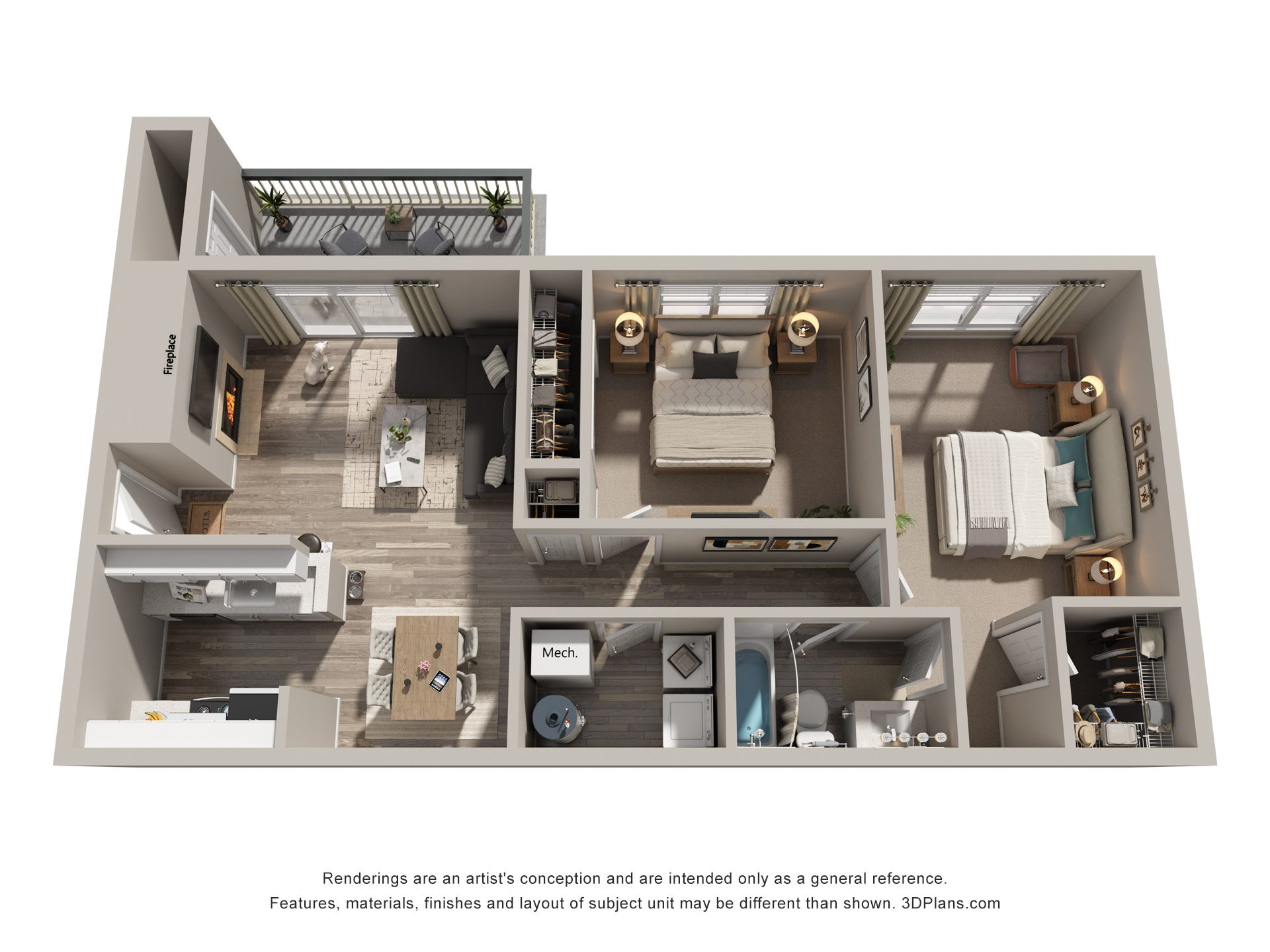 Floor plan for 2 beds, 1 bath, 840 sqft